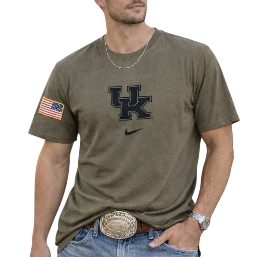Nike T Shirt Mens XXL Green Kentucky Wildcats Camo USA Flag College NCAA Game‎